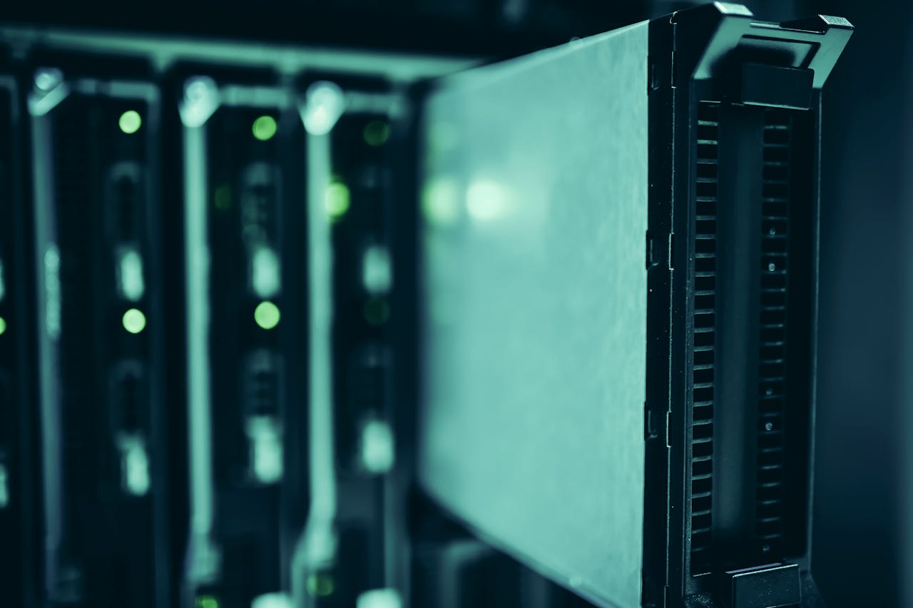 Services Close-up of server racks in a data center highlighting modern technology infrastructure.